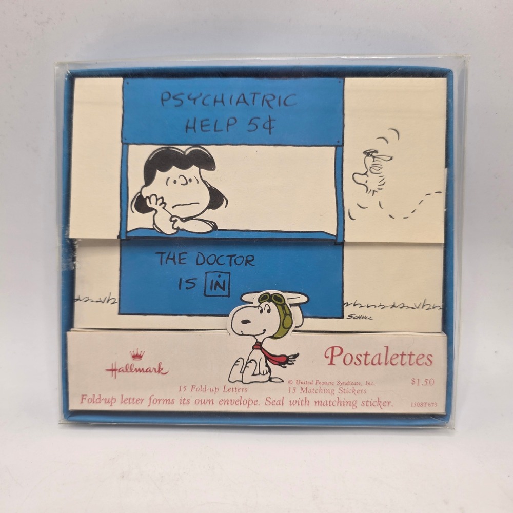 Hallmark Peanuts Postalettes Lucy Psychiatric Help Blue Vintage Stationery Set